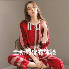 睡衣女春秋季梭织棉格子七分袖夏季薄款家居服妈妈套装批发