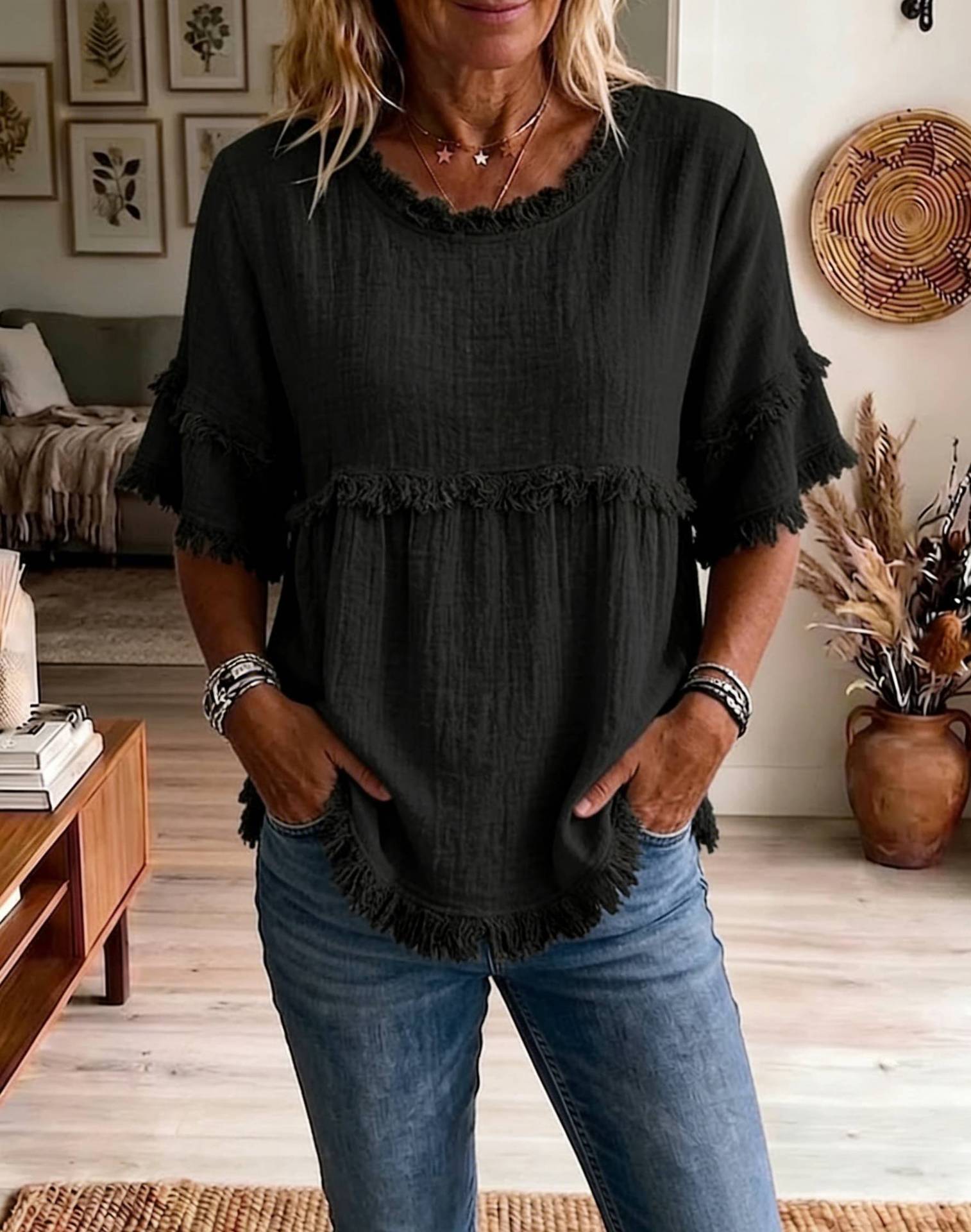 Camicetta retro da donna con frange texture e girocollo_voghion.com