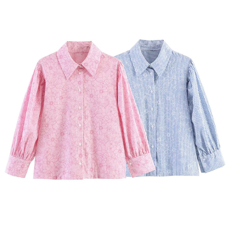Unizera Women's Clothing 2026 Summer New Product Lapel Over-The-Elbow Sleeve Striped Floral Print Shirt for Women 3564076