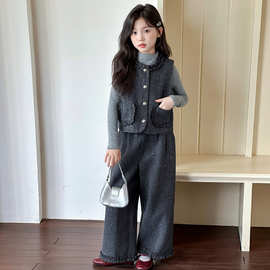 女童秋季套装2025新款洋气儿童森系呢子马甲裤子款春秋韩系三件套