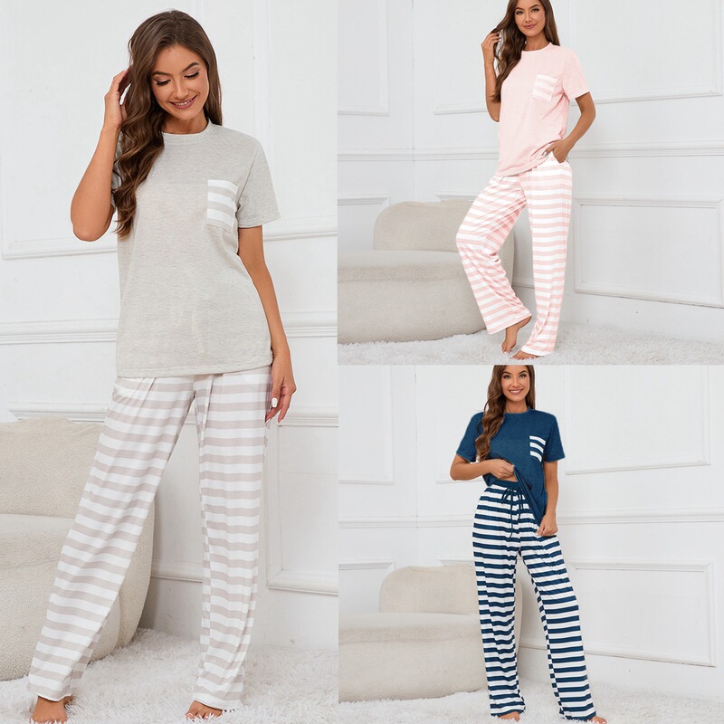 Real Shot in stock European and American New Round Neck Short Sleeve Top Striped Printed Tether Trousers Home Clothes Pajamas suit Women Real Shot in stock European and American New Round Neck Short Sleeve Top Striped Printed Tether Trousers Home Clothes Pajamas suit Women