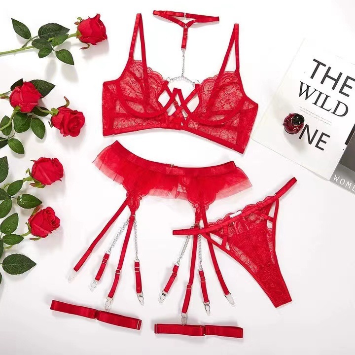 2023 nuevo comercio exterior europeo y americano encaje cadena colgante rejilla perspectiva sexy traje mujeres