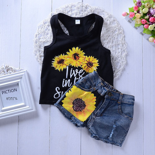 Summer new style European and American export foreign trade children's sleeveless letter small daisy print vest denim shorts two-piece set