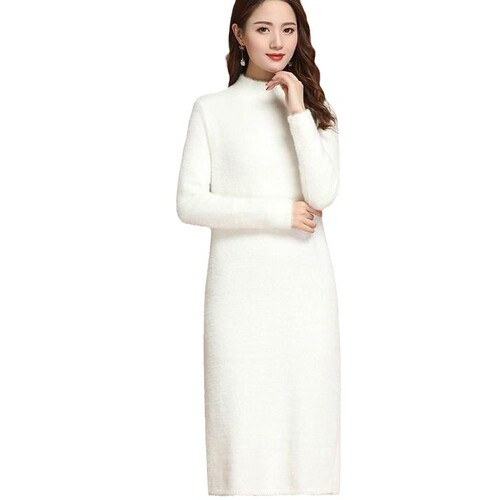 Autumn and winter new arrival: semi-high-neck faux mink velvet elegant dress—plush mid-length bottoming shirt, trendy and stylish.