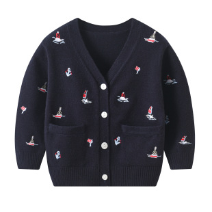 Cross-border Boys' Cardigan Spring and Autumn New Arrival Sailing Embroidered V-Neck Knitted Cardigan Korean Style Children's Sweater Coat
