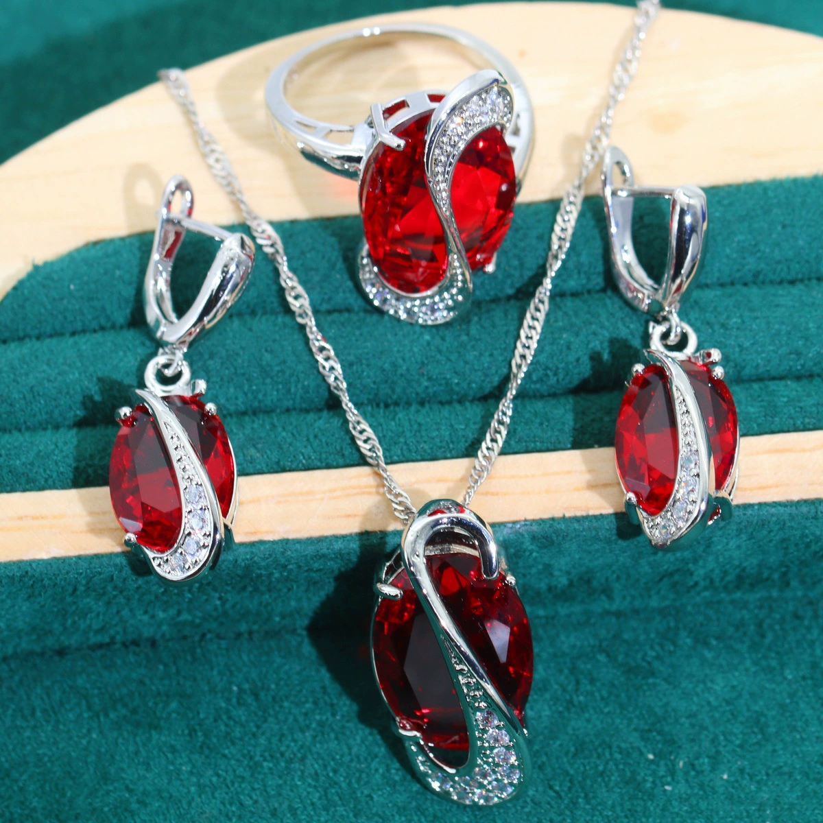 Fashionable necklace and earrings, ring, set for bride, wedding dress, accessory, jewelry, Korean style, 3 pieces
