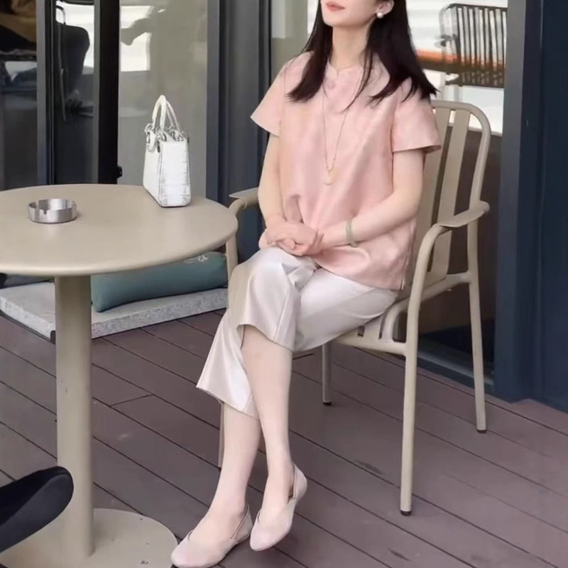 25536 Daai Mei Yuan 2025 夏新ピンク中国風ルーズトップハイウエストストレートパンツ女性のための|undefined