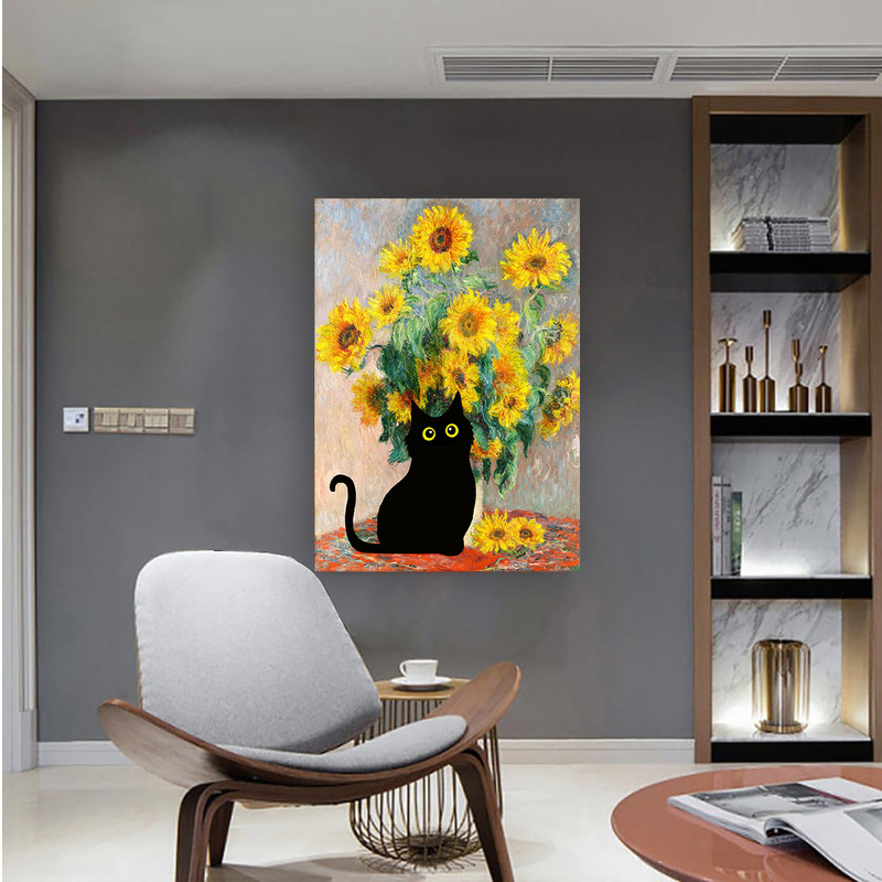 Various Oil Paintings of Cats on Canvas, Monet Oil Paintings, Sunflower Wall Art Posters, Living Room and Restaurant Hanging Paintings, Mural Cores