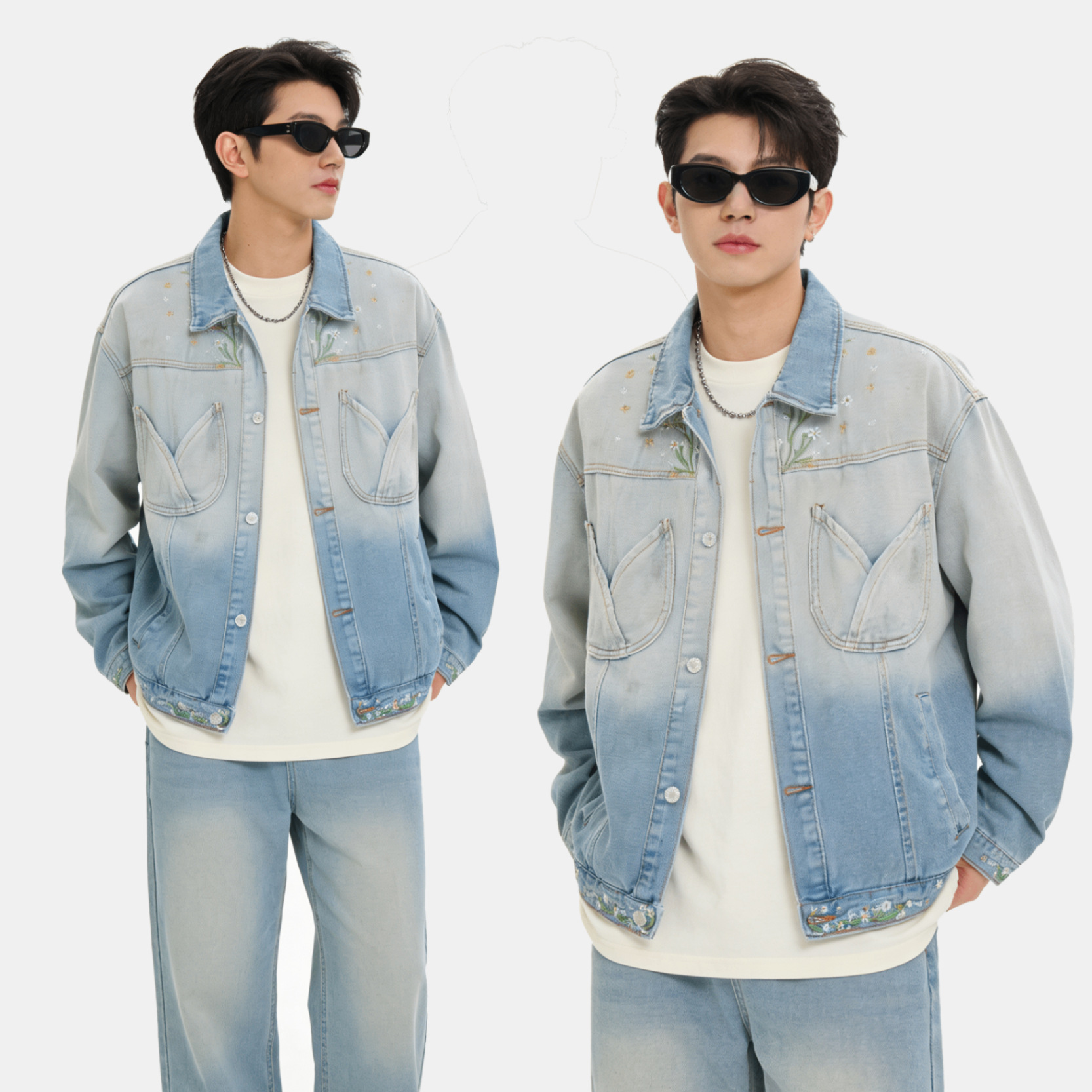 Retro Floral Denim Jacket Unisex Loose Distressed Gradient Style_voghion.com