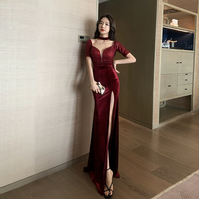 Velvet evening gown, fitted maxi, deep V and high side slit, black or burgundy, S–L