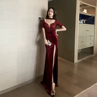 Velvet evening gown, fitted maxi, deep V and high side slit, black or burgundy, S–L