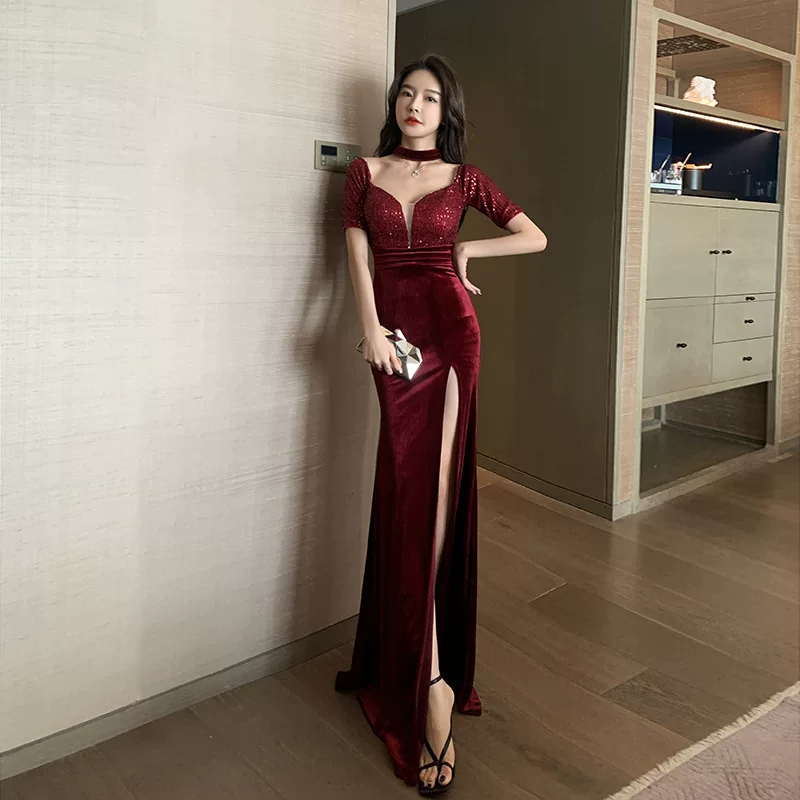 Velvet evening gown, fitted maxi, deep V and high side slit, black or burgundy, S–L