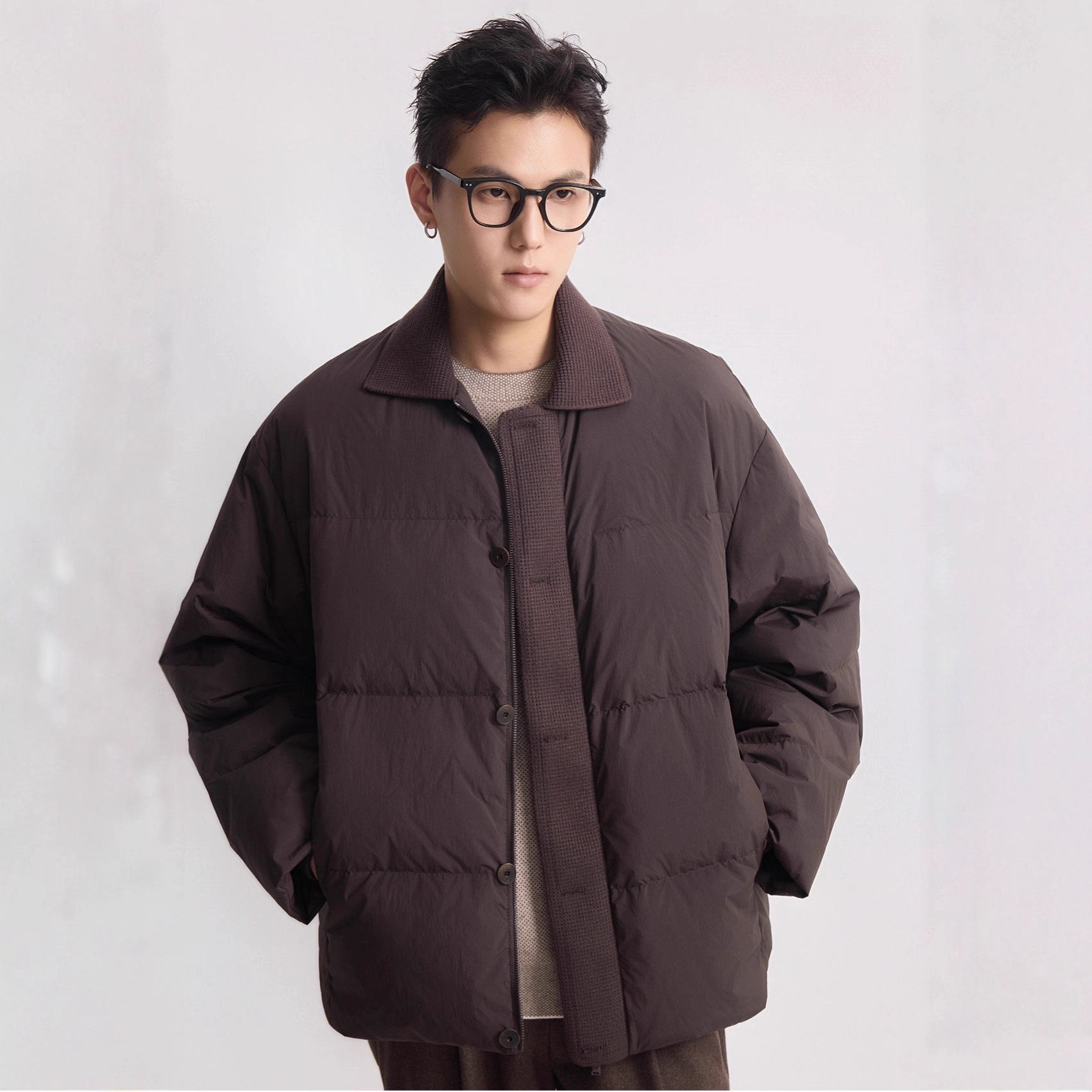 针织拼接羽绒服男士2025冬季新款宽松保暖翻领休闲通勤衬衫型外套