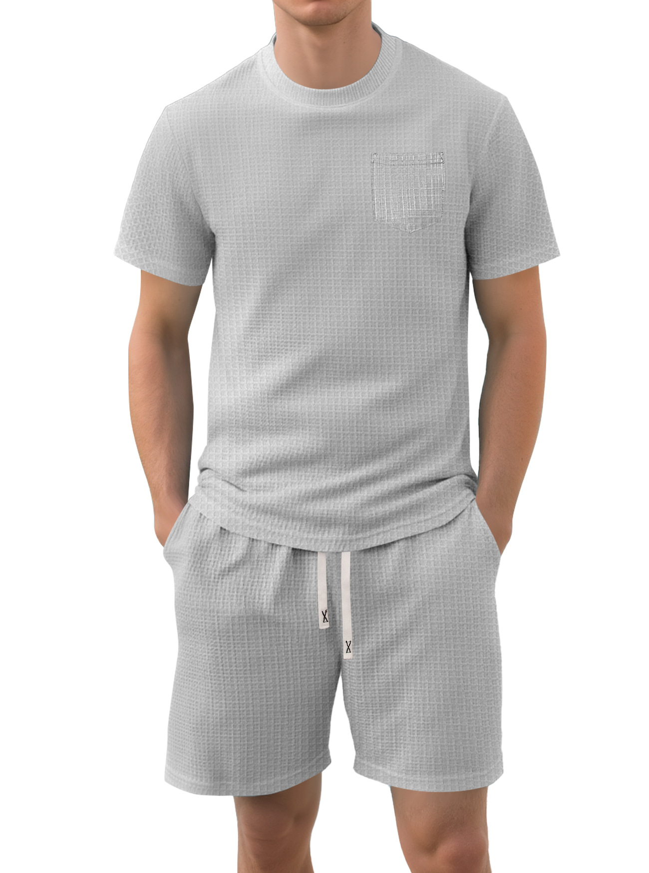 Nuevo transfronterizo Europa y América Amazon verano nuevo producto de hombre delgado waffle casual deportivo de manga corta set de pantalones cortos
