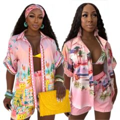 D2527 ヨーロッパとアメリカのクロスボーダーファッション新しい婦人服カジュアルプリントビーチ休暇ラップシャツとショーツの3点セット