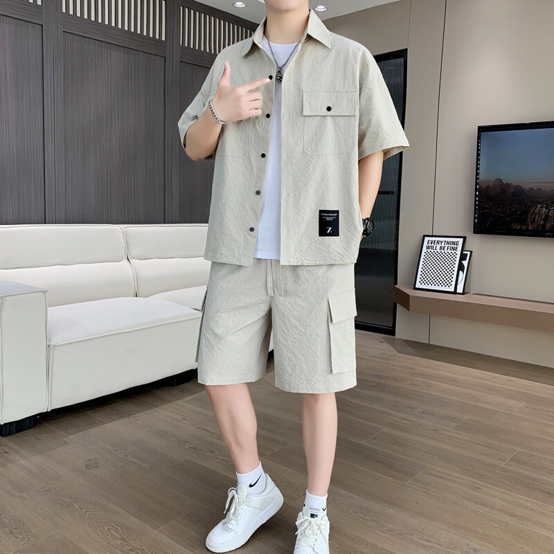 Summer Short-Sleeved T-Shirt Men's Casual Suit Men's Ins Trendyy Handsome Student Set with Pants Two-Piece Set