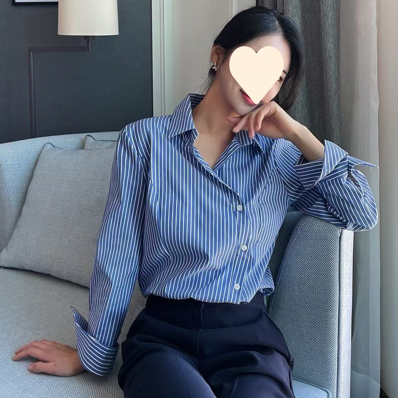 Korean Spring and Autumn Style Versatile Lapel Irregular Single-Breasted Design Niche Long-Sleeved Striped Shirt for Women