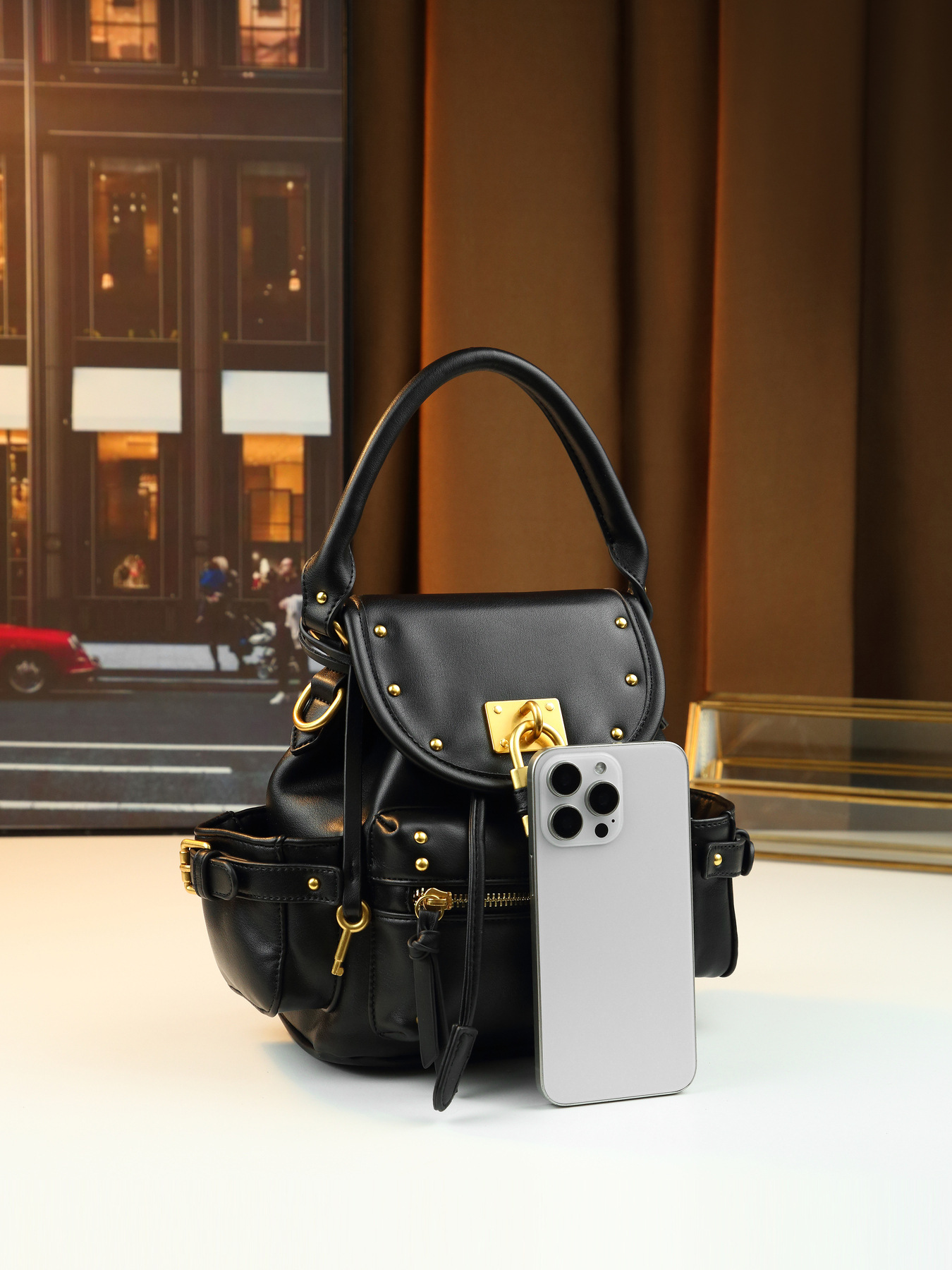 Borsa a mano retrò con lucchetto borchiato, media, multifunzionale, da donna, a tracolla, zaino da pendolare, in pelle PU con cerniera_voghion.com