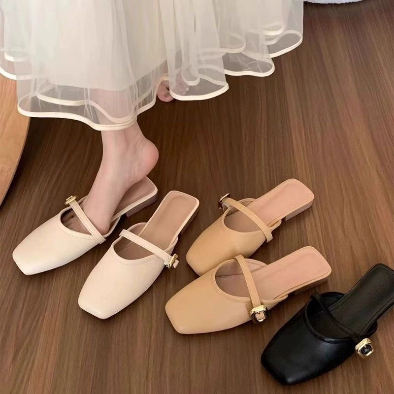 Летние тапочки-мюли для отдыха, стиль Кореи и Франции, бренд , цвета черный/белый/хаки, размеры 36-41