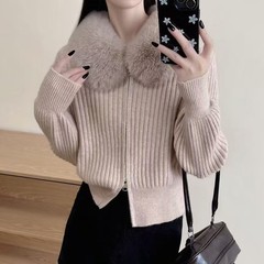 纯色毛领双拉链针织开衫女2025秋冬新款小个子短款毛衣女外套