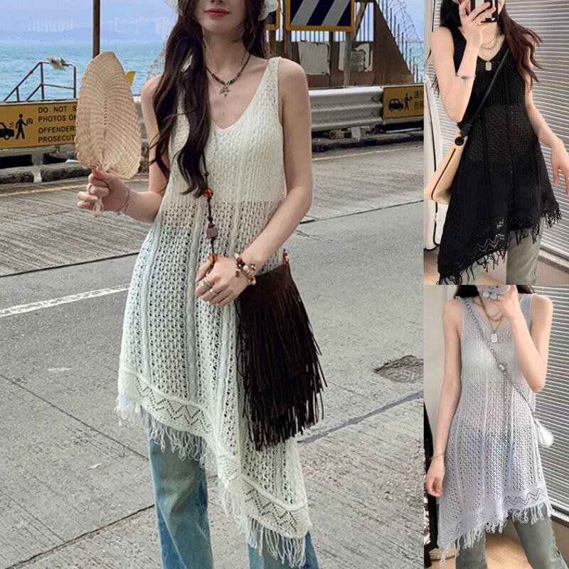 2026 Summer New Design Tassel Hollow-Out Dress for Women, Korean Style, Sweet and Versatile, Sleeveless Strap Dress