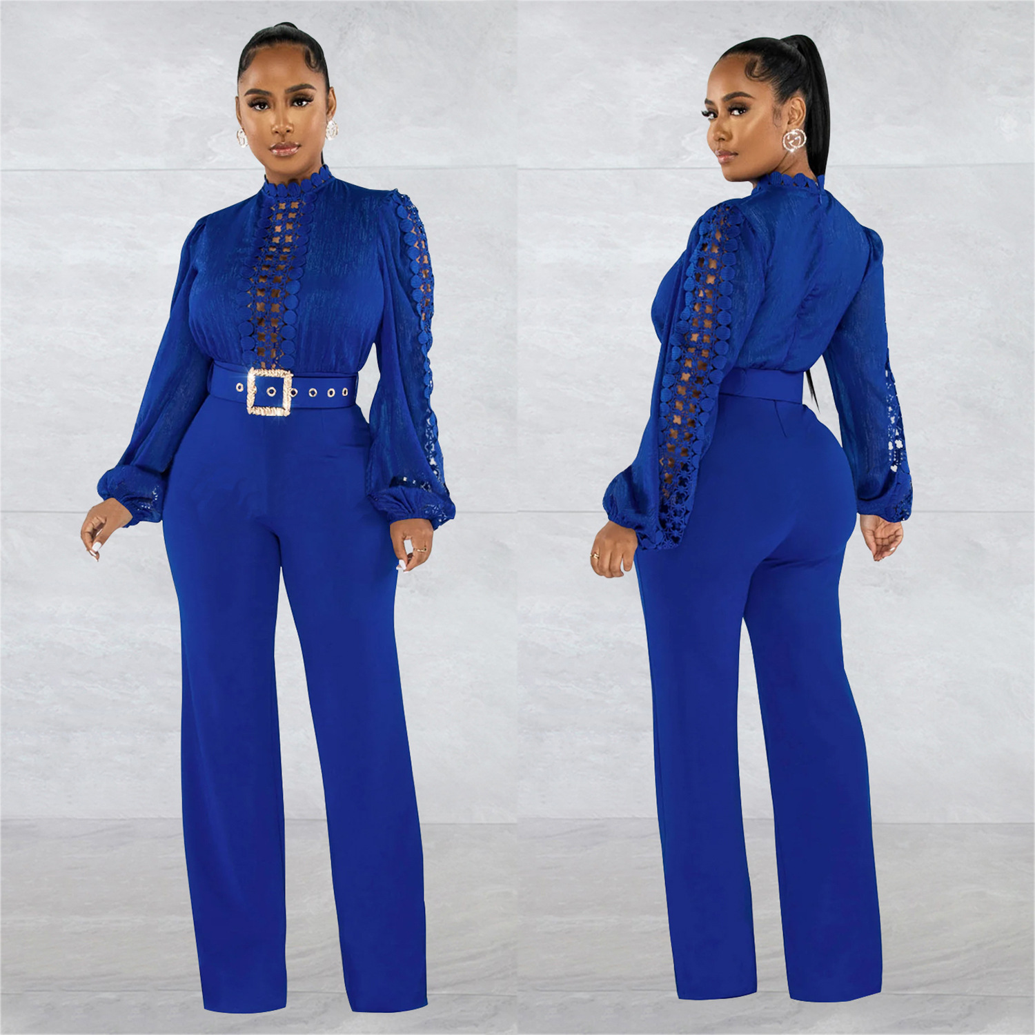 X6345 AliExpress Amazon moda europea y americana de encaje hueco color sólido manga larga pantalones jumpsuit