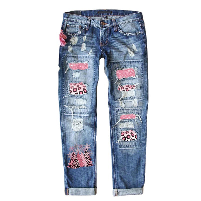 Dames winter kerst jeans bedrukt gat dames jeans_voghion.com