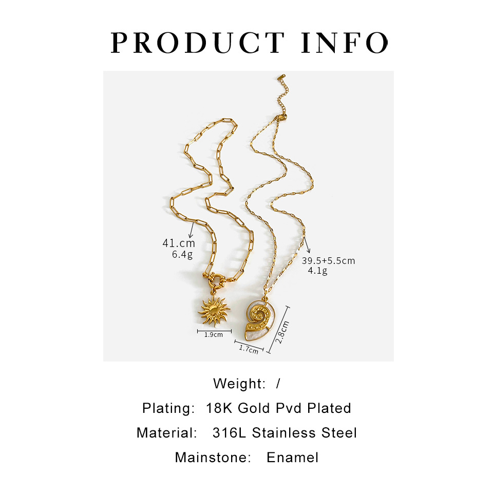 7g Weight PVD Coated Real Gold Plated Sun Conch 304 Stainless Steel Retro Simple Style Waterproof Non Tarnish Surgical Steel Plating Lobster Trigger Clasp Closure Pendant Necklace