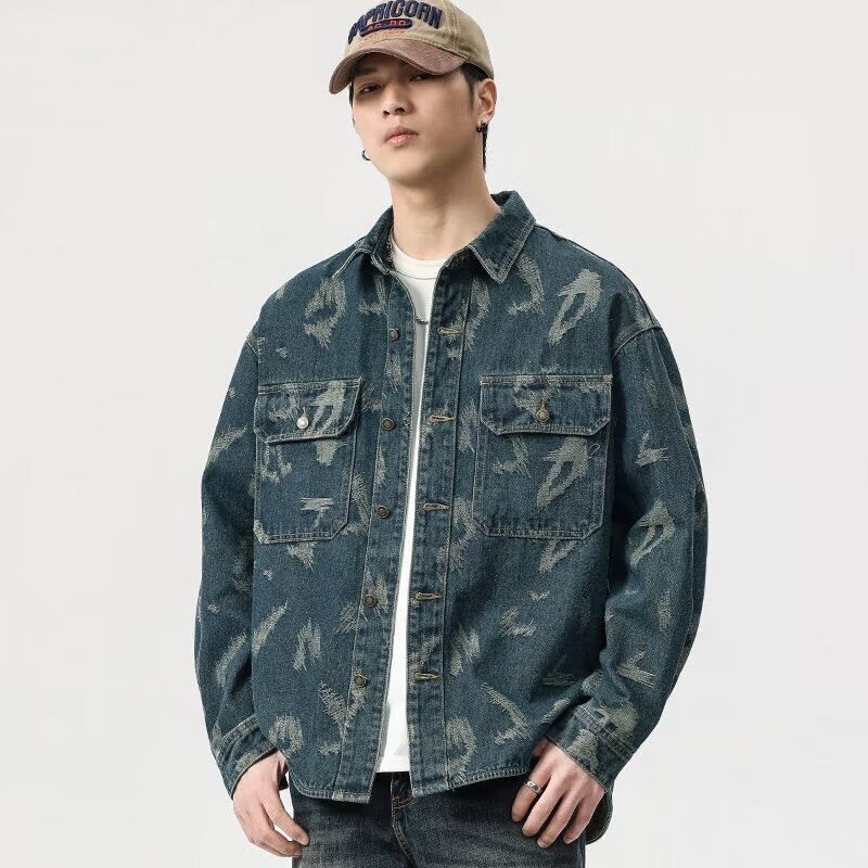 Hong Kong Style Retro Spring and Autumn New Youth Blue Denim Jacket Lapel Shirt Jacket Niche Fashion Versatile