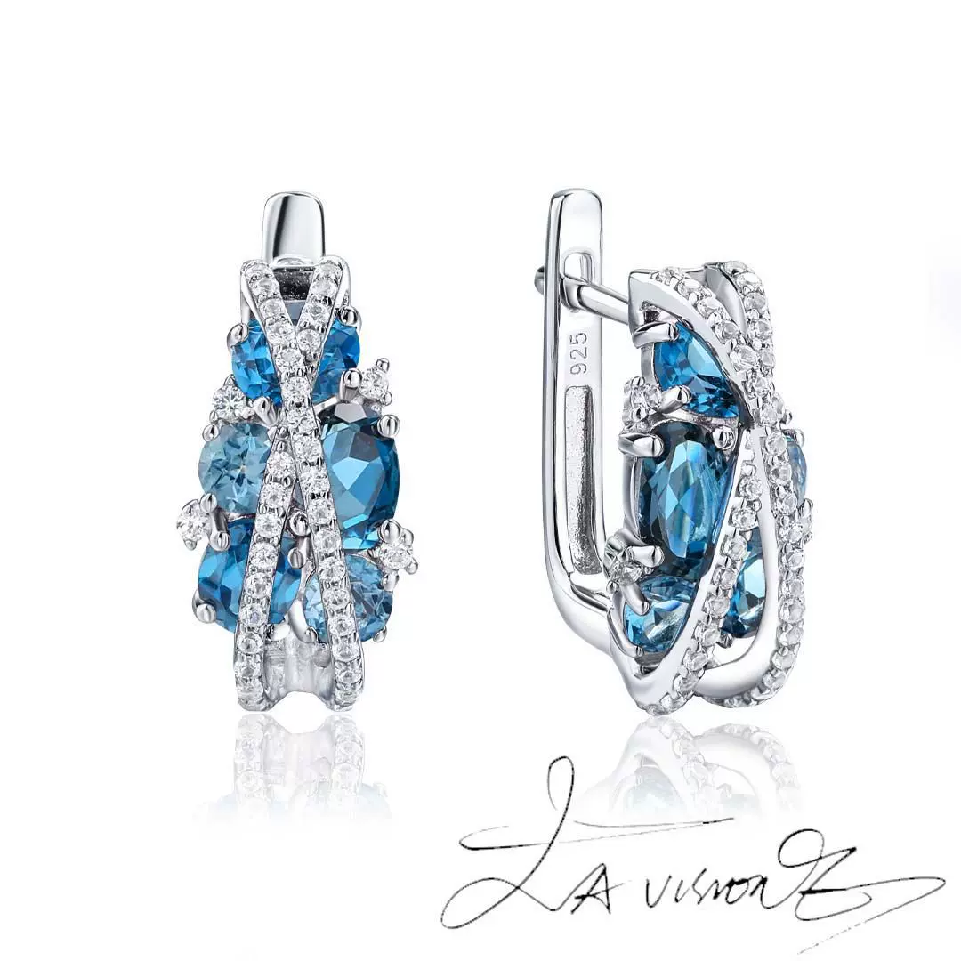 逆袭系列 925银镶嵌伦敦蓝托帕 合成白蓝宝石耳钉