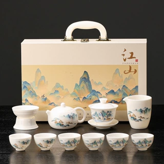 德化白瓷羊脂玉瓷功夫茶具套装家用商务礼品江山礼盒装便携印logo