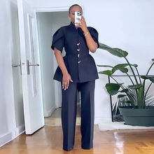 欧美女装2025秋季新款立领单排扣收腰衬衫高腰直筒裤两件套