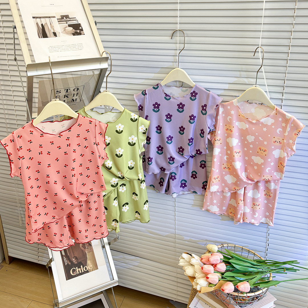 Girls Summer Home Clothes Set Baby Ice Silk Lace Flying Sleeve Pajamas Kidsren's Sleeveless Vest Shorts Air-Conditioned Clothes