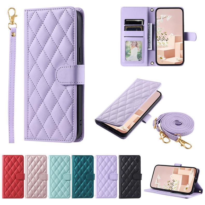 For Samsung A55 Mobile Phone Leather Case Small Chanel Style Crossbody Card Case Mobile Phone Case S24 Rhomboid Card Flip Cover Leather Case