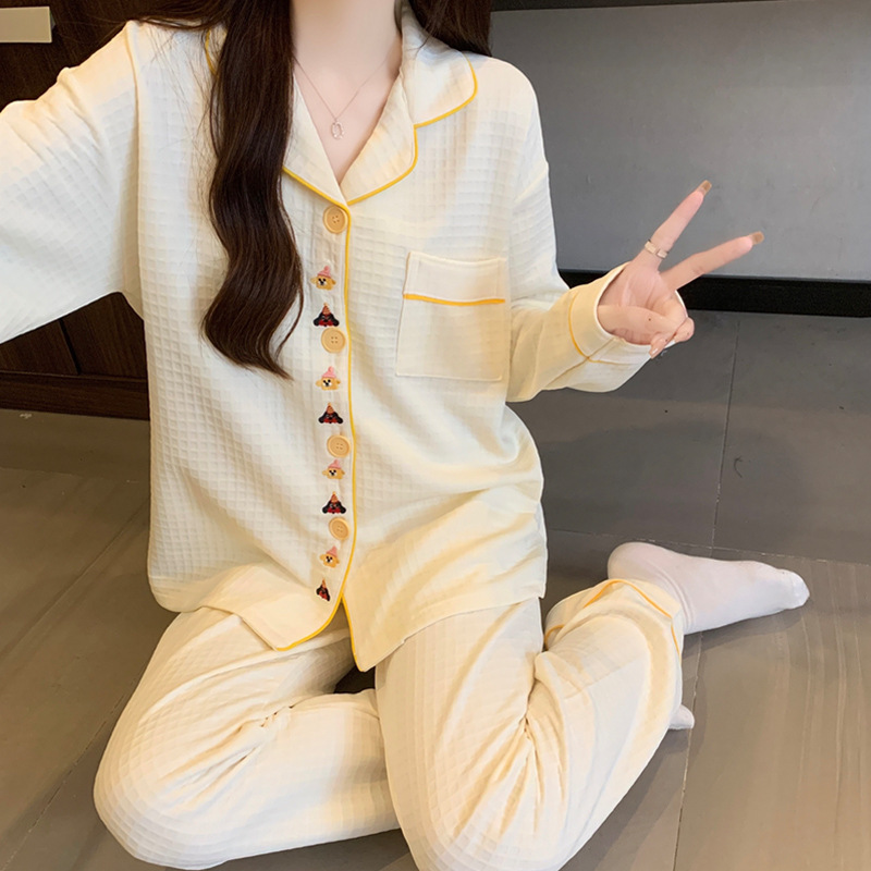Simple Solid Color Cartoon Korean Style Solid Color Waffle Grid Air Cotton Warm Pajamas Women's Home Wear Set Wholesale Simple Solid Color Cartoon Korean Style Solid Color Waffle Grid Air Cotton Warm Pajamas Women's Home Wear Set Wholesale