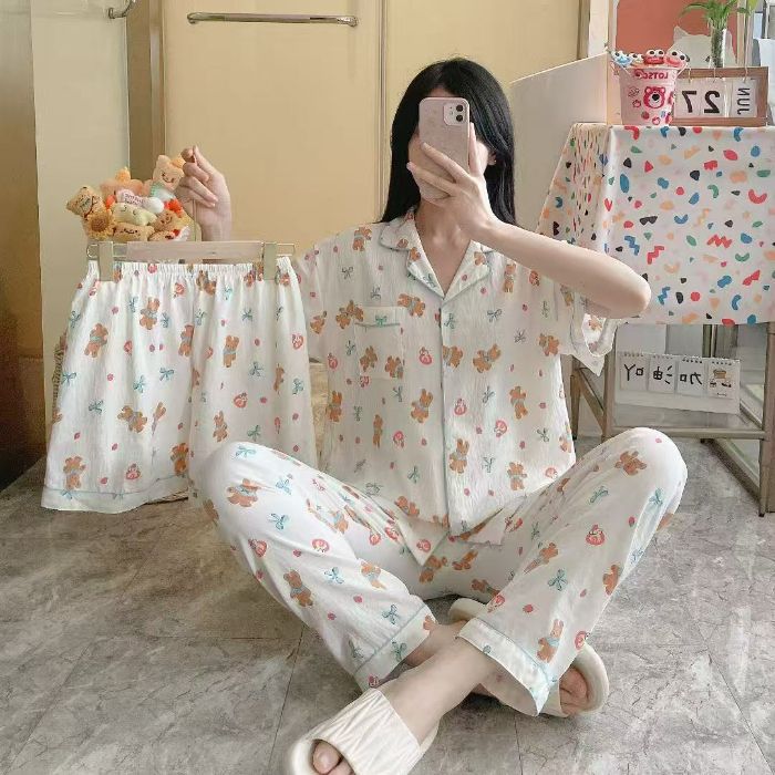 Venta al por mayor transfronteriza 120g pijamas de algodón de nube de verano de manga corta para mujer pantalones cortos de algodón de nube de verano de tres piezas servicio a domicilio de dibujos animados