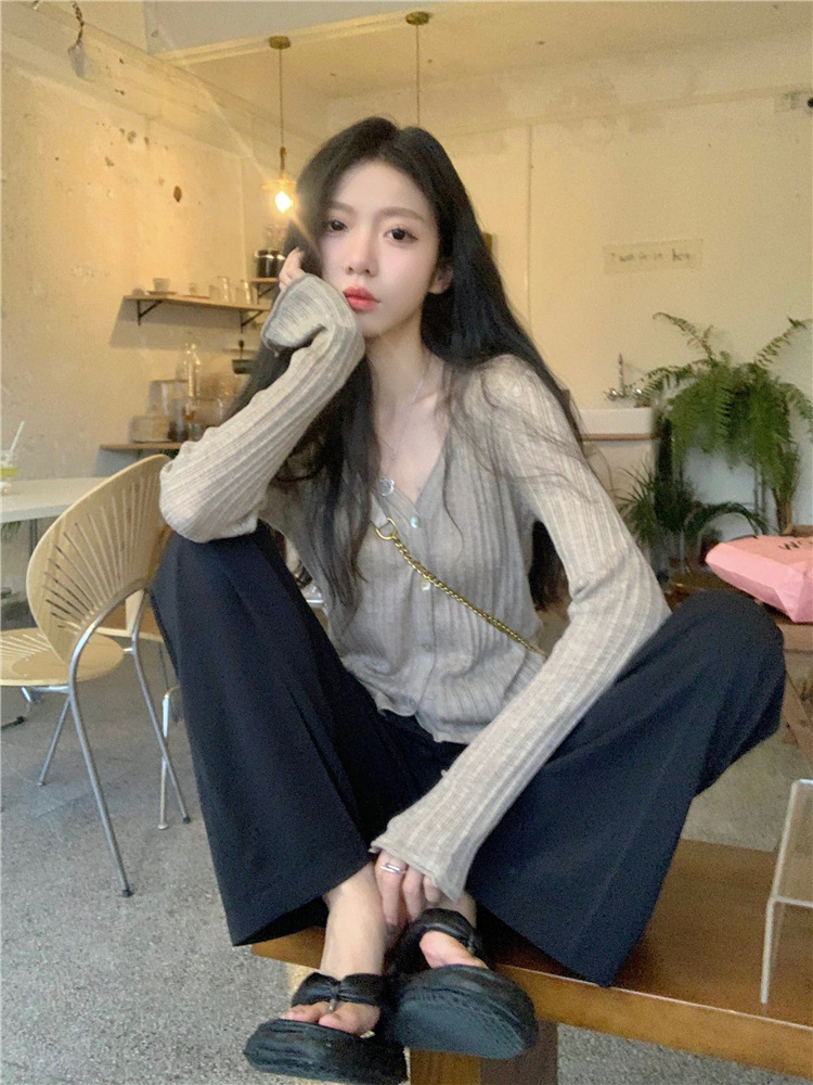 V-Neck Long-Sleeved Thin Knitted Cardigan for Women Spring & Fall New Design Niche Slim Short Pink Bottoming Top