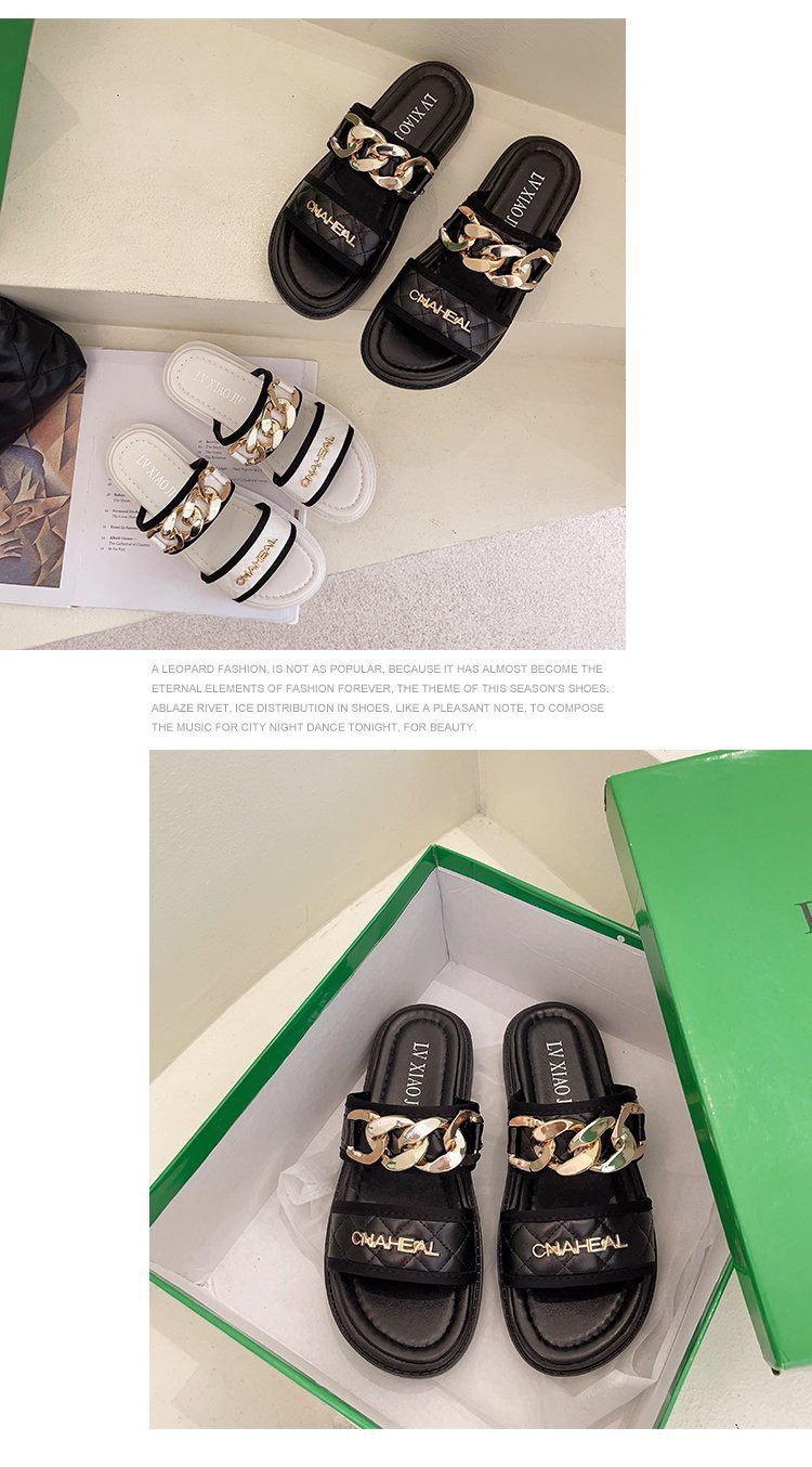 Damen-Oberbekleidung, Keilabsätze, Influencer-Intrend-Sandalen, 2021 neuer Mode-Tanga mit Metallkette und dicker Sohle_voghion.com