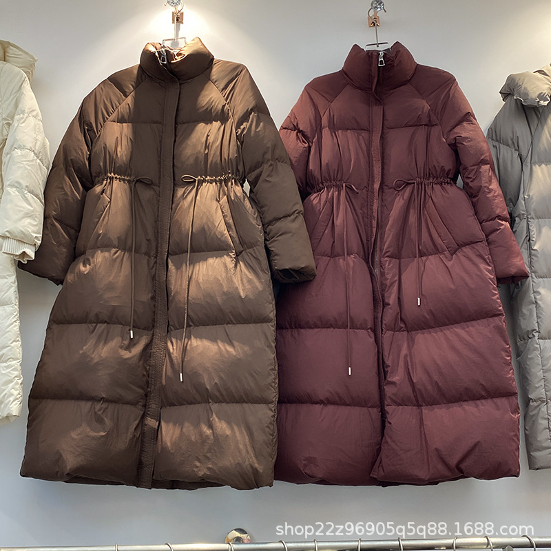 한국 스타일 허리 조임 롱패딩 플랫허드 다운 재킷 여성용 2024 신상 슬림핏 두꺼운 무릎길이 코트 보온