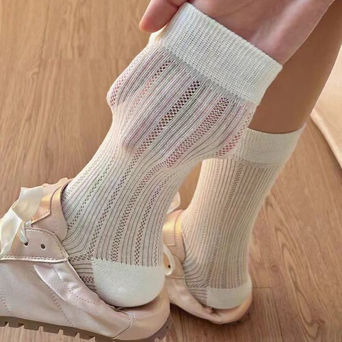 Summer thin socks, breathable hollow socks, solid color vertical strip mesh pile socks, women's simple ballet style, middle tube socks
