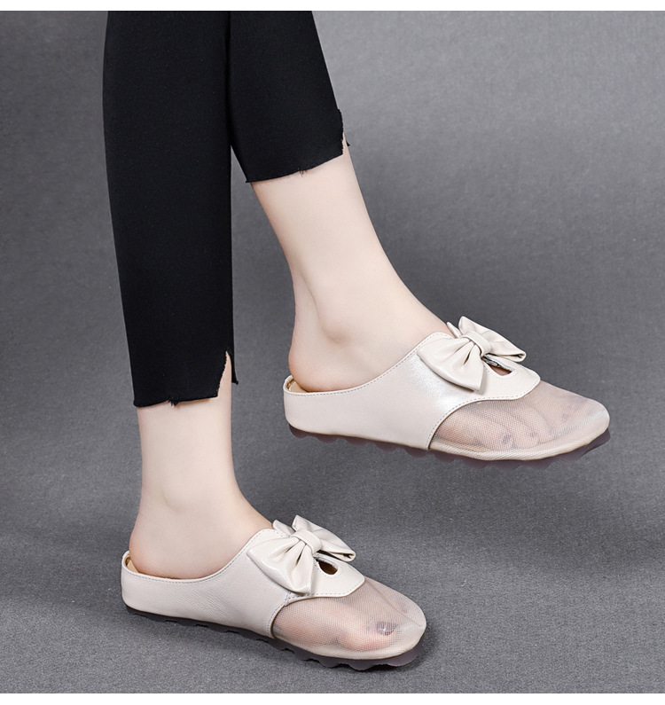 Dép sandal nữ bít mũi lưới thắt nơ da thật đế bằng mềm chống trượt — Màu đen chi tiết 14