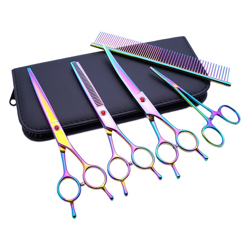 Directo de fábrica de acero inoxidable para mascotas tijeras de belleza profesional perro corte de pelo fino curvado tijeras de diente perro corte de pelo conjunto