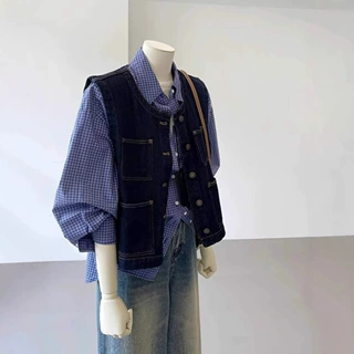 小个子复古丹宁蓝牛仔马甲女春夏新款显瘦宽松百搭坎肩马夹外套