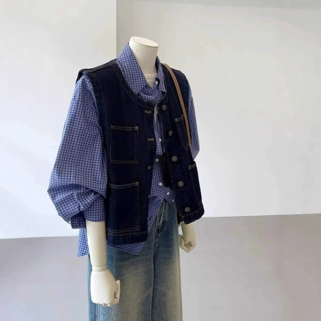 Маленький ретро танин синий джинсовый жилет женский весенний летний новый тонкий свободный дикий плечевой жакет