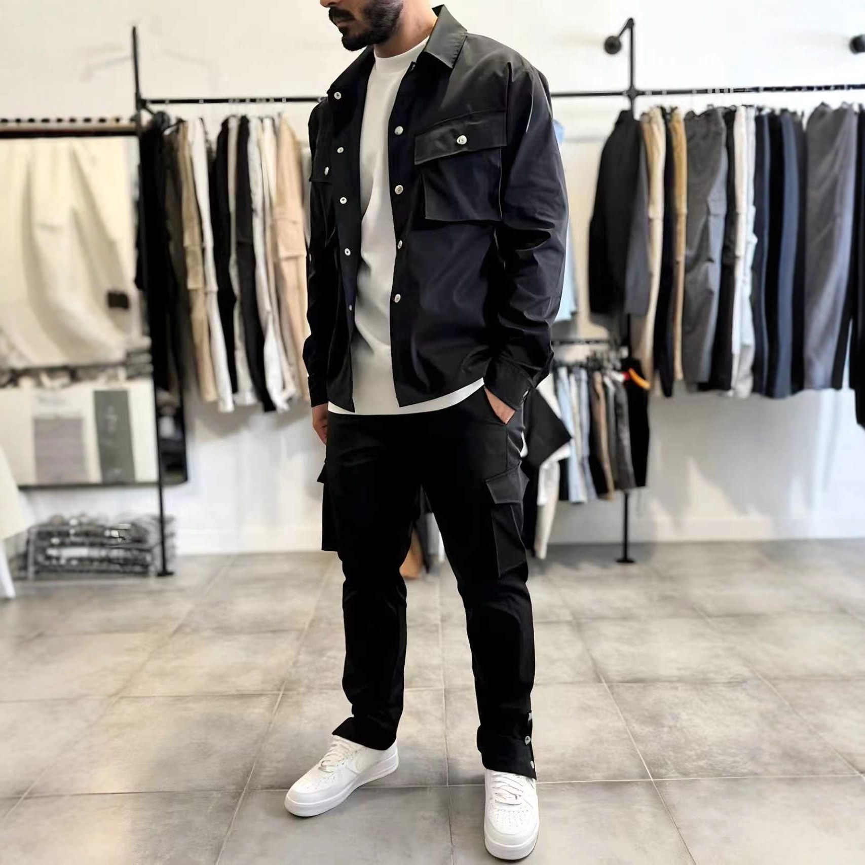 Monochrome Man- Cross-Border European American Spring/Autumn Men's Fashion Workwear Jacket Pants Set With Multi-Pocket Design And_voghion.com