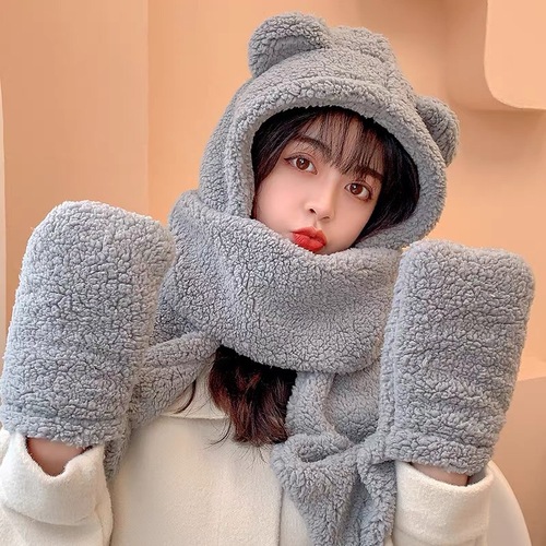 Cute Bear Hat Fleece Scarf for Women - Winter Set of 3 (Includes Cap, Gloves, and Ear Hood) for Warmth