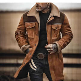 现货欧美2024秋冬男外套跨境麂皮绒拼色夹克亚马逊多口袋拉链大衣