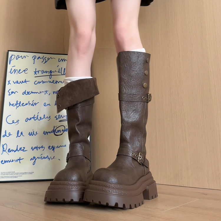 复古皮带扣长筒靴女2025新款秋季厚底百搭增高马丁靴子裤管骑士靴|undefined