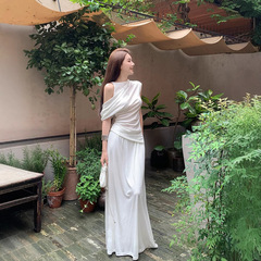 实拍 2025夏季新款时尚气质斜肩设计感上衣女+长款垂感半身裙套装