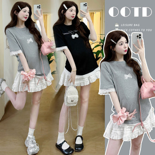 Maternity Wear 2025 New Summer Lace Splicing Bow Top + White Cake Skirt Two-Piece Suit